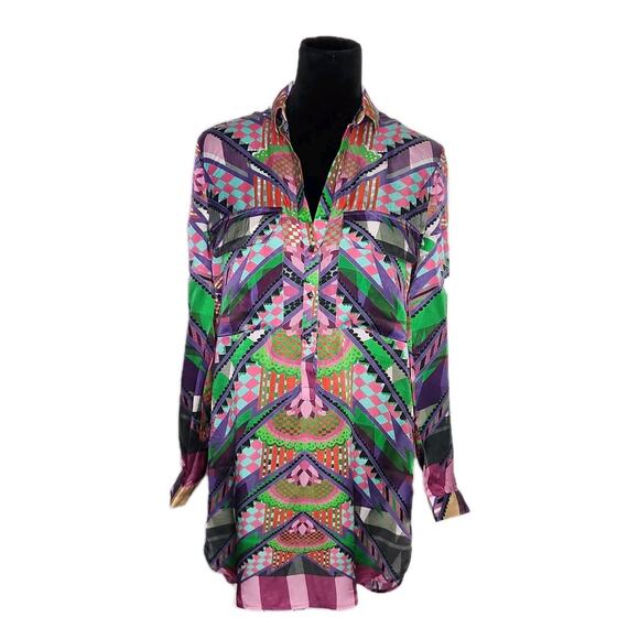 Custo Barcelona Multicolor Geometric Shirt Dress Long Sleeve Silk Blend Size 36 - Picture 1 of 9